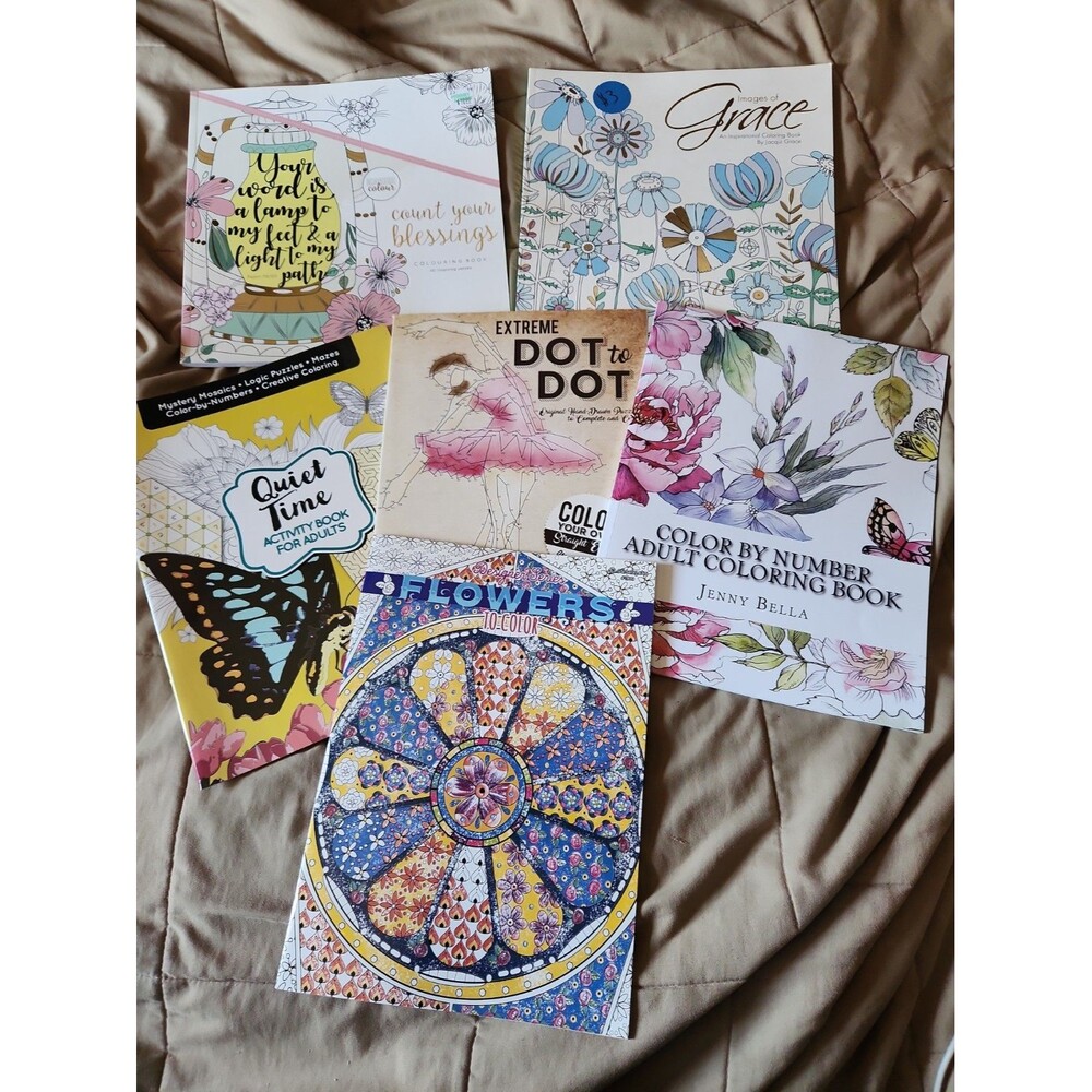 Adult Coloring Book Lot of 6 – Dot to Dot, Color by Number, Inspirational